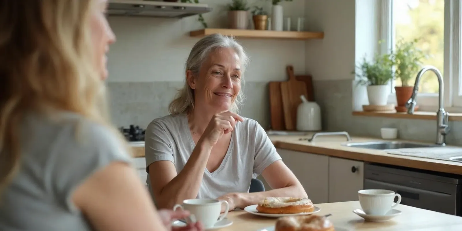 An adult patient sits at a bright kitchen table in San Francisco, gently touching one back tooth while a cup of coffee and a