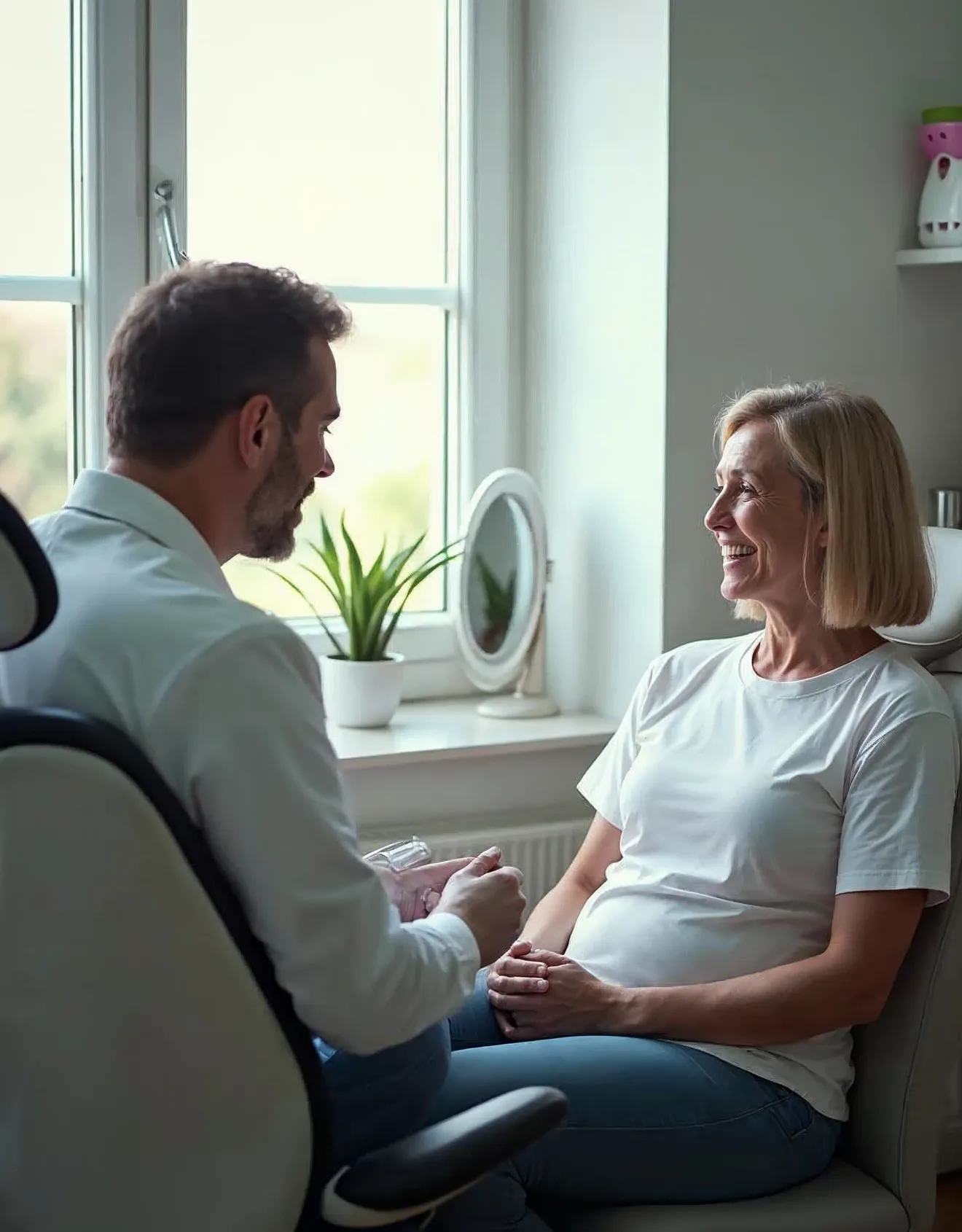 A dentist in a calm treatment room speaks with an adult patient beside a large window, both seated comfortably and leaning
